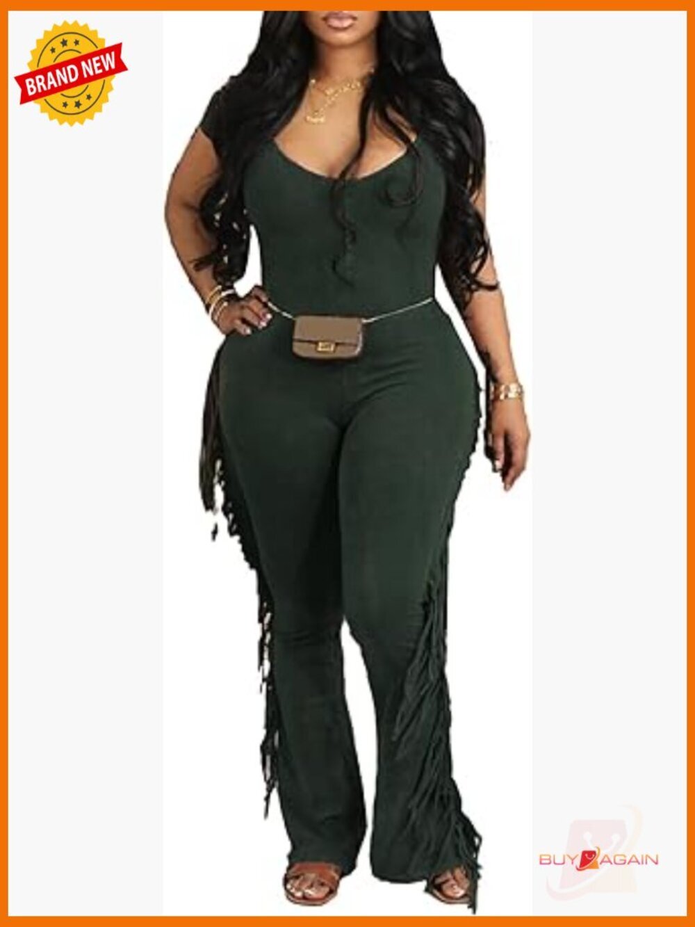V Neck Bodycon Jumpsuit with Tassel Fringe Pants